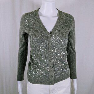 Talbots Sweater Women's Petite Gray Cardigan Wool/Angora Sequin Long Sleeve
